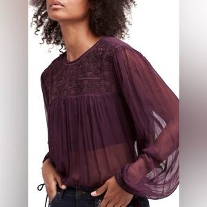Free People Purple Retro Sheer Boho Blouse Top XS